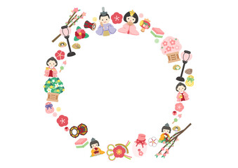 ひな祭りのかわいい円形フレーム／線画なし