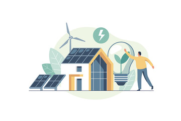 Fototapeta Environmental care concept. Waste pollution and recycling problem, nature care, green energy. Use clean green energy from renewable sources. Vector illustration. obraz
