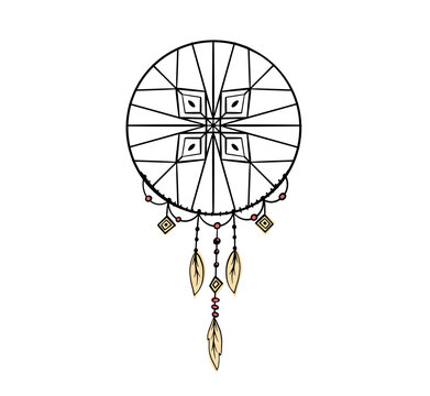 Hand drawn Native American Indian talisman dreamcatcher with feathers and moon. Ethnic design, boho chic, tribal symbol. Vector ethnic print design