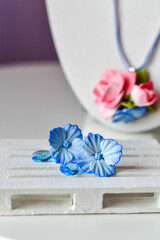  Blue  Orchid Floral Jewelery. Romantic style: Polymer clay jewelery. Vintage handmade fashion accessories. Jewel Flower. Beauty and fashion accessories