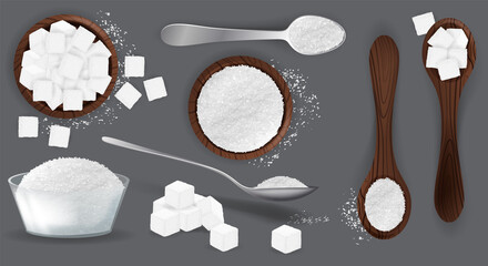 White sugar set with piles and cubes realistic. White grain sugar in spoon, pile top and side views. Sweet fructose seasoning vector set - obrazy, fototapety, plakaty