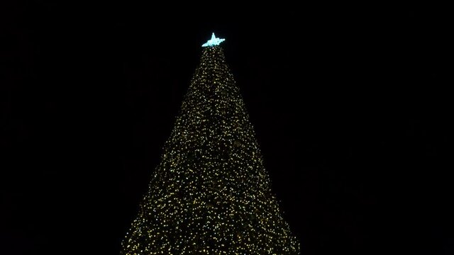 Holiday. Move around a large outdoor Christmas tree with Christmas tree toys and a star on top. The Christmas tree sparkles with yellow lights of garlands. New Year's paraphernalia and decorations