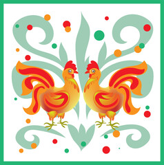 Two bright roosters look at each other against the background of an abstract floral pattern