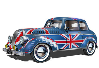 Cars painted up as British flags isolated on white background. 
