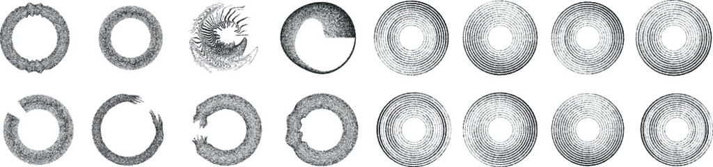 Fototapeta premium Big set of lines in Circle Form . Spiral Vector Illustration .Big collection of round Logos . Rouhgen edges . Abstract Geometric circular shapes .Rotating radial lines collection. Concentric circles
