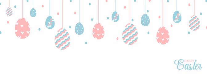 Cute hand drawn hanging easter eggs horizontal seamless pattern, fun garland, great for textiles, banners, wallpapers, easter cards and wrapping - vector design. Pastel Easter eggs on white background