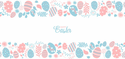 Easter seamless border vector illustration. Holiday pattern with cute  bunnies, colorful flowers, plants isolated on white background. Simple flat style. Vector illustration. Good for banner, poster