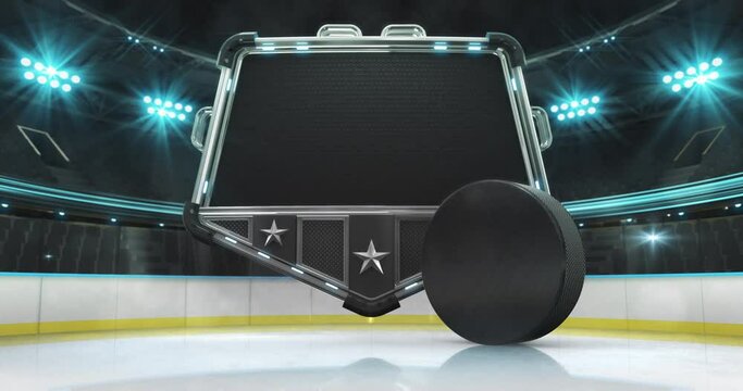 Rolling ice hockey puck and steel shield with empty space for advertisement text. Ice rink and illuminated sport arena with light flashes. Two 4K video parts of loopable sport intro.