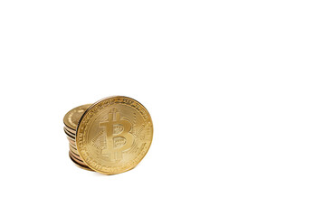 Golden bitcoin coin on a white background. Cryptocurrency money. Finance, bank, economy and commerce concept.