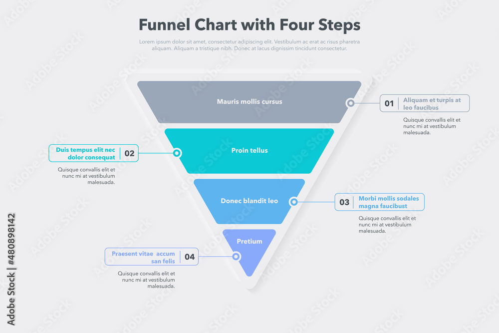 Poster Funnel chart template with four colorful steps. Easy to use for your website or presentation.
