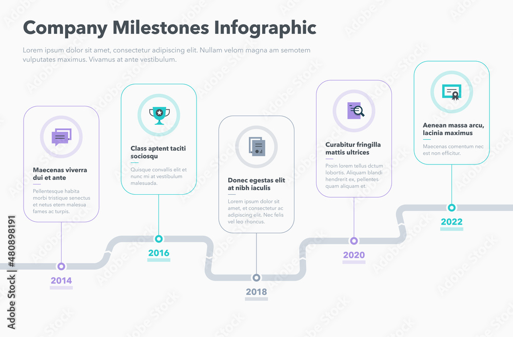 Fototapete Modern curved road map timeline with five colorful pointers. Easy to use for your website or presentation.