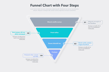 Funnel chart template with four colorful steps. Easy to use for your website or presentation. - obrazy, fototapety, plakaty