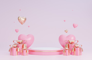 Happy valentine day banner with podium for product presentation and hearts 3d objects on pink background.,3d model and illustration.