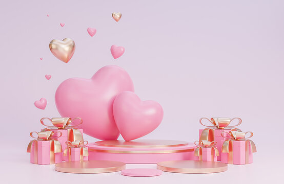 Happy valentine day banner with podium for product presentation and hearts 3d objects on pink background.,3d model and illustration.