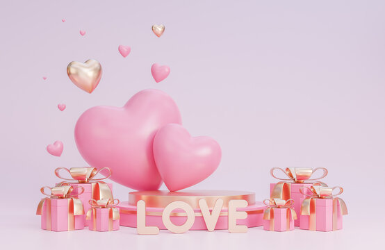 Happy valentine day banner with podium for product presentation and hearts 3d objects on pink background.,3d model and illustration.