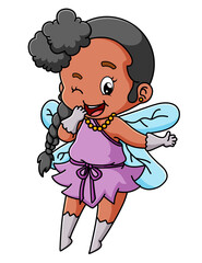 The cute fairy is smiling while flying and very shy