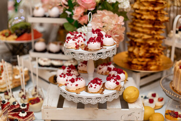Festively decorated sweet buffet. Varied wedding buffet. Organization of banquets and weddings. Sweet desserts at wedding banquet. Exquisite wedding treats.