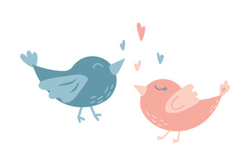Couple of cute lovers birds with hearts. Greeting card for Valentine Day, Birthday, wedding. Childish print for nursery. For baby posters, cards, clothes. Vector cartoon illustration in pastel colors