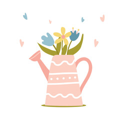 Pink watering can with beautiful, bright spring flowers. Colored doodles for Easter, holidays. Childish print for nursery. For posters, cards, clothes. Vector illustration of cartoon in pastel colors