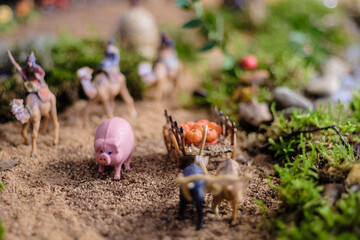 Agricultural traditional scene made with toy plastics close up still