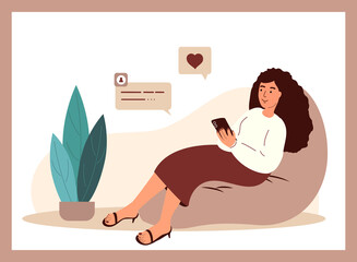 Woman texting messages, using mobile phone.Relaxing and chatting Person in messenger app in smartphone at leisure. Online communication concept. Flat vector illustration isolated on white background - obrazy, fototapety, plakaty