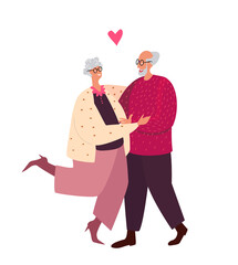 Loving Aged Couple Man,Woman Holding Hands Hugging,Embracing.Happy Valentine Day.Happy Aged People Relationship,Old Character Dating,Romantic Feelings,Emotions,Romance,Love.Cartoon Vector Illustration