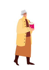 Senior Woman in Modern Yellow Coat Drinking Coffe.Stylish Retired Pensioner Lady,Coffee Cup in Hands Wearing Trendy Outfit.Old Fashion Woman,Cold Season Trend.Vector Illustration on white Backcround