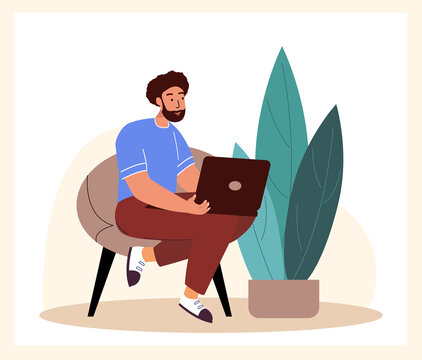 Man work with laptop through internet.Freelance IT worker working online.Person Freelancer sitting in chair and typing smth with computer on laps. Flat vector illustration isolated on white background