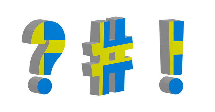 World countries. Question- mark, exclamation- mark and hashtag in colors of national flag. News clip art set on white background. Sweden