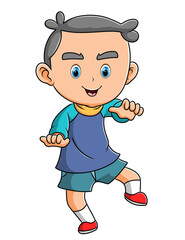 The happy boy is dancing with the happy expression