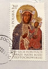 POLAND - CIRCA 2017: a stamp printed in Poland on the occasion of the 300th anniversary of the Coronation of the Image of Our Lady of Czestochowa with a stamp from Czestochowa, printed around 2017  - obrazy, fototapety, plakaty