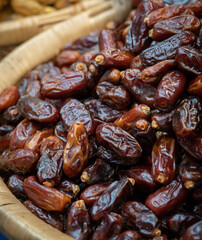 Close-Up of Dates on Vendors Stall in Chinese Street Market with Selective Focus