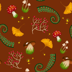 Autumn colourful seamless vector pattern with fern, ginkgo leaves and wild mushrooms