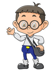 The teacher is standing and waving the hands