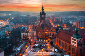 Beautiful sunset over the Old Town of Gdansk city, Poland