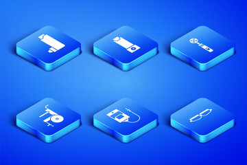 Set Safety goggle glasses, Inhaler, IV bag, Wheelchair for disabled person, and Electric toothbrush icon. Vector