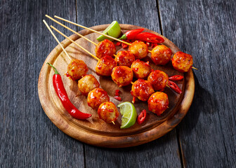 Luk Chin Ping, thai meatball skewers, top view
