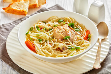 chicken noodle soup with carrots and scallion