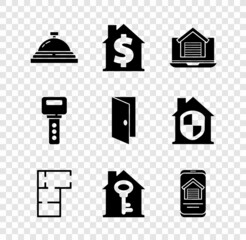 Set Hotel service bell, House with dollar symbol, Online real estate house, plan, key, and Closed door icon. Vector