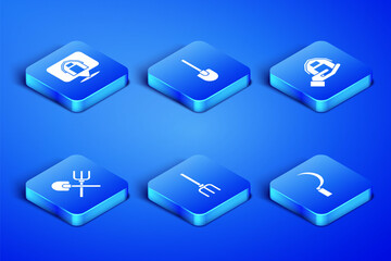 Set Sickle, Location farm house, Garden pitchfork, Shovel and rake, and Farm in hand icon. Vector