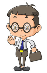 The cool employee is ready for work and waving the hands