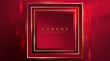 Dark red luxury background and golden square frame elements with glitter light and bokeh effect decoration.