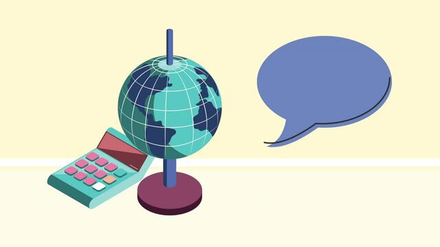 world map and calculator isometric style animation