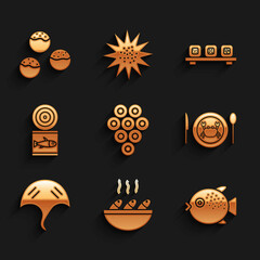 Set Caviar, Fish soup, Puffer fish, Served crab on plate, Stingray, Canned, Sushi cutting board and Takoyaki icon. Vector