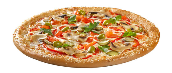 Pizza with mushrooms, pickles, tomatoes, bell peppers, onions and olives isolated on white