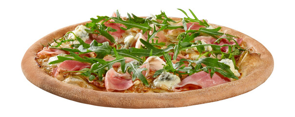 Pinoli pizza with cheese and cream sauce, mozzarella, prosciutto, gorgonzola, pears, pine nuts and arugula