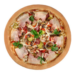 Top view of pizza in rustic style with chicken, hunting sausages, bacon, pickles, mushrooms, onions and greens