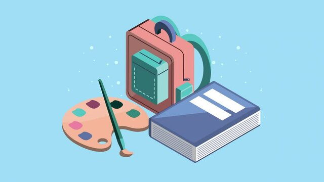 schoolbag and palette isometric style animation