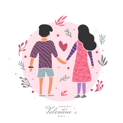 Couple Holding Hands Illustration with Cute Flowers Element and Happy Valentine's Day Lettering. Valentine's Day Postcard Design with Couple Illustration