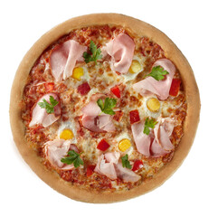 Top view of pizza with ham, quail eggs, tomatoes, mozzarella and fresh herbs isolated on white